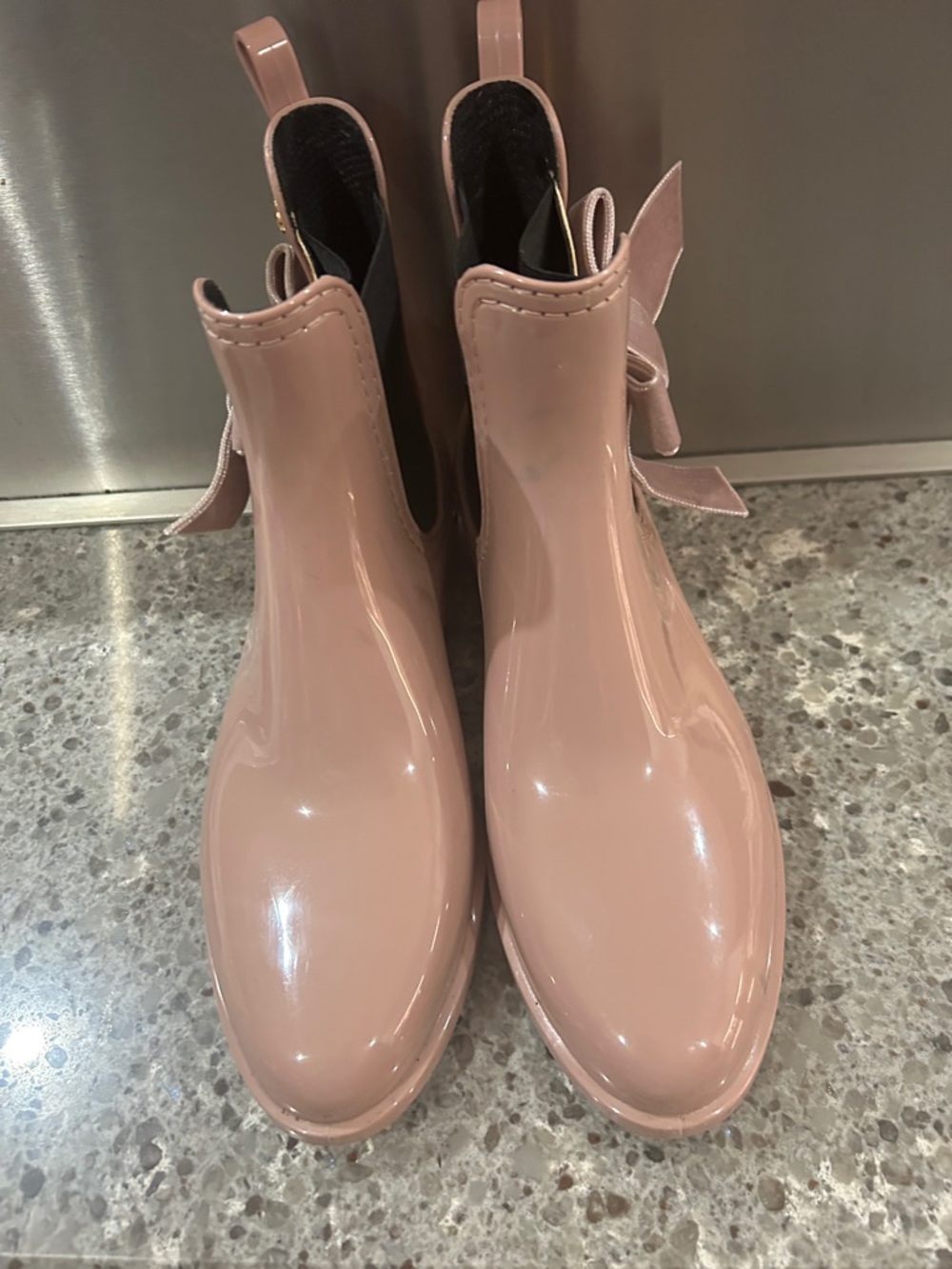 LEMON JELKY Blush Pink Glossy Chelsea Booties with Side Bow